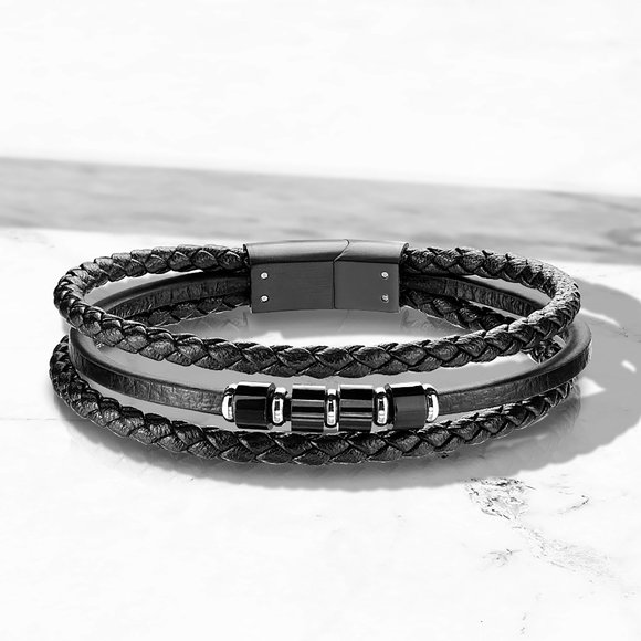 Men's Leather Bracelet, Black Leather Bracelet, Bracelet for Men, Men's Bracelet - Picture 9 of 9